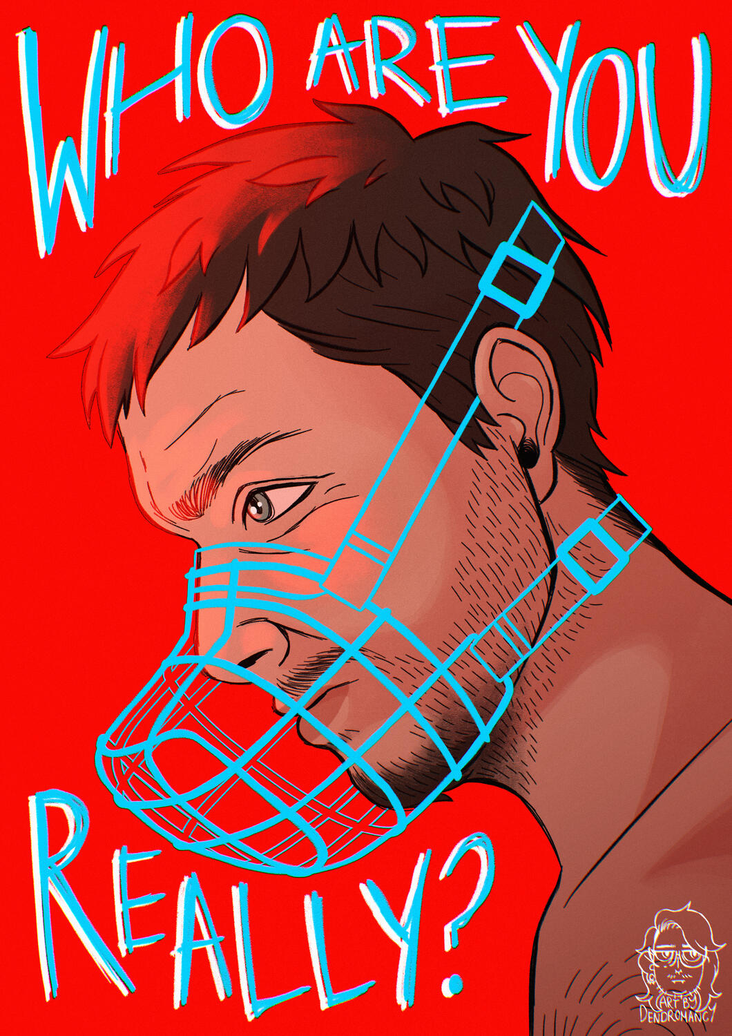 An illustration of Chris Redfield from Resident Evil, he is in profile, looking serious. He has a simplified outline of a dog muzzle over his mouth in bright blue. Text around him reads "Who are you really?" The background is bright red.