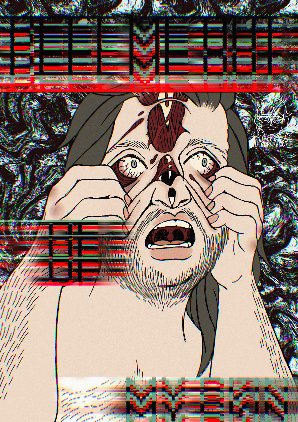 An illustration of the artist peeling their skin off their face, revealing musculature underneath. In blurred, glitched text it reads "peel me out of my skin" The background is swirly.